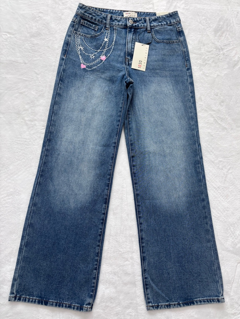 1030 TenThirty Mid Rise Relaxed Baggy Wide Leg Embroidered Blue Jeans--NWT--27 - Picture 5 of 16